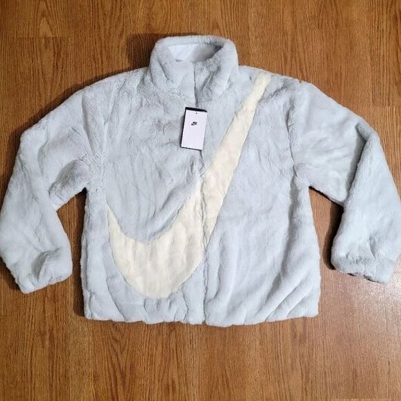 Nike Sportswear Faux Fur Swoosh Jacket Photon Dust Grey Giant Logo Dunk Low S - Picture 1 of 10